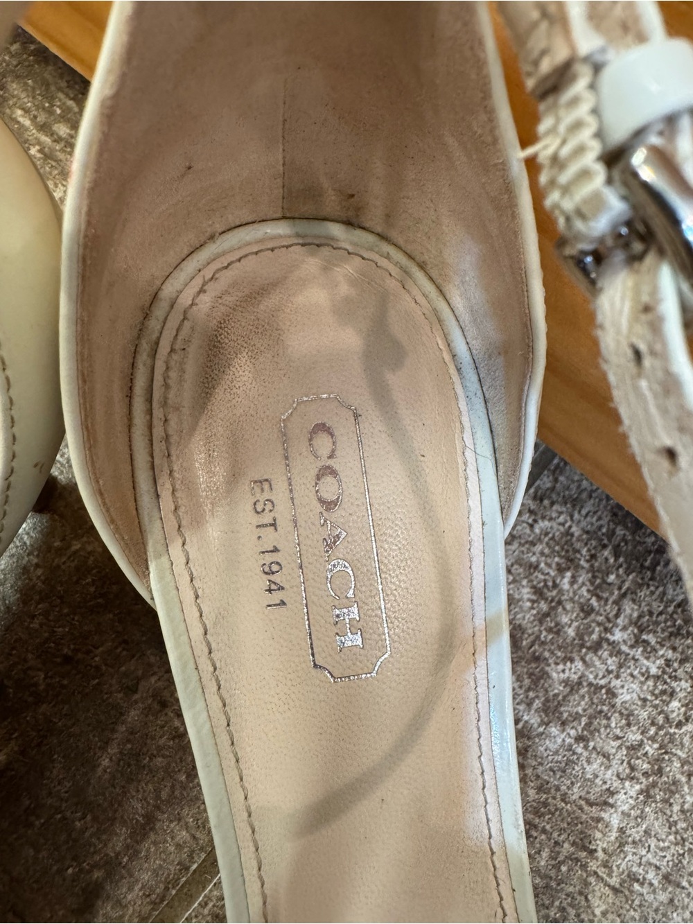 Coach Cream T-Strap Kitten Heeled Sandals with Silver Medallion - Picture 4 of 7